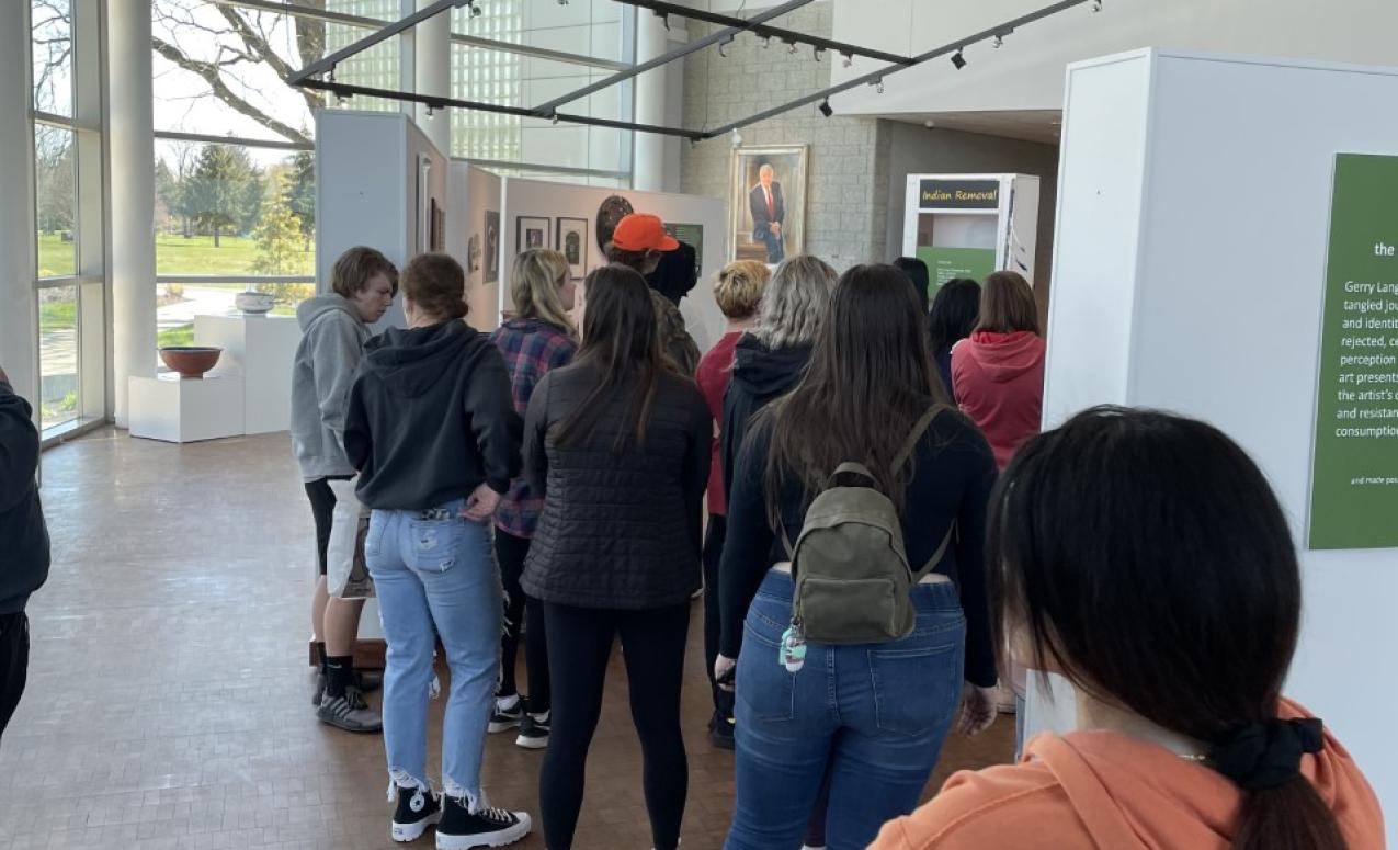 Students entering the "Return from Exile: the Mixed-Blood Art of Gerry Lang" exhibit, LeFevre Art Gallery, The Ohio State University Newark.