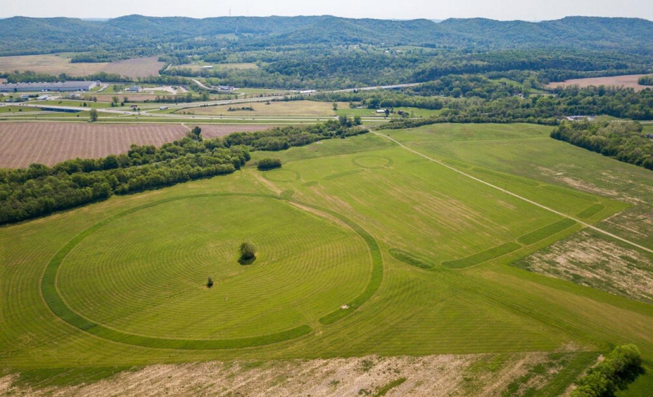 Aerial view of the Hopeton Earthworks, part of the Hopewell Culture National Historical Park, Chillicothe Ohio. First Capital Aerial Media, Tim Anderson Jr.