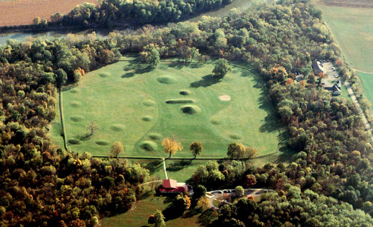 Aerial view of Mound City, part of the Hopewell Culture National Historical Park, Chillicothe Ohio. National Park Service, John Blank.