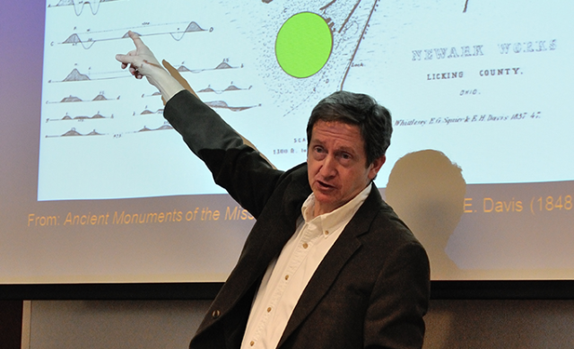 Dr. Brad Lepper lecturing about the Newark Earthworks at The Ohio State University Newark. Image courtesy of Timothy E. Black.