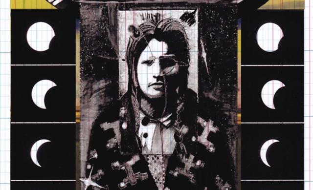 Multimedia mixed collage of stages of the moon and planets surrounding an American Indian wearing stellar regalia. Image courtesy of Gerry Lang, the artist.