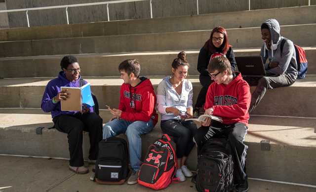 Students studying in a group on step at The Ohio State University. Image courtesy of The Ohio State University.