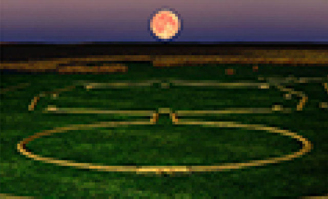Simulated moonrise over the Newark Earthworks' observatory mound as it would have been 200 B.C. - 400 A.D. Image Courtesy of the Ancient Ohio Trail and CERHAS of the University of Cincinnati.