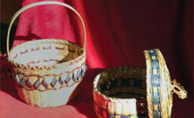 Colorful Pokagon Potawatomi Black Ash baskets, one with a handle, and another with a lid. Image courtesy of The Ohio State University.