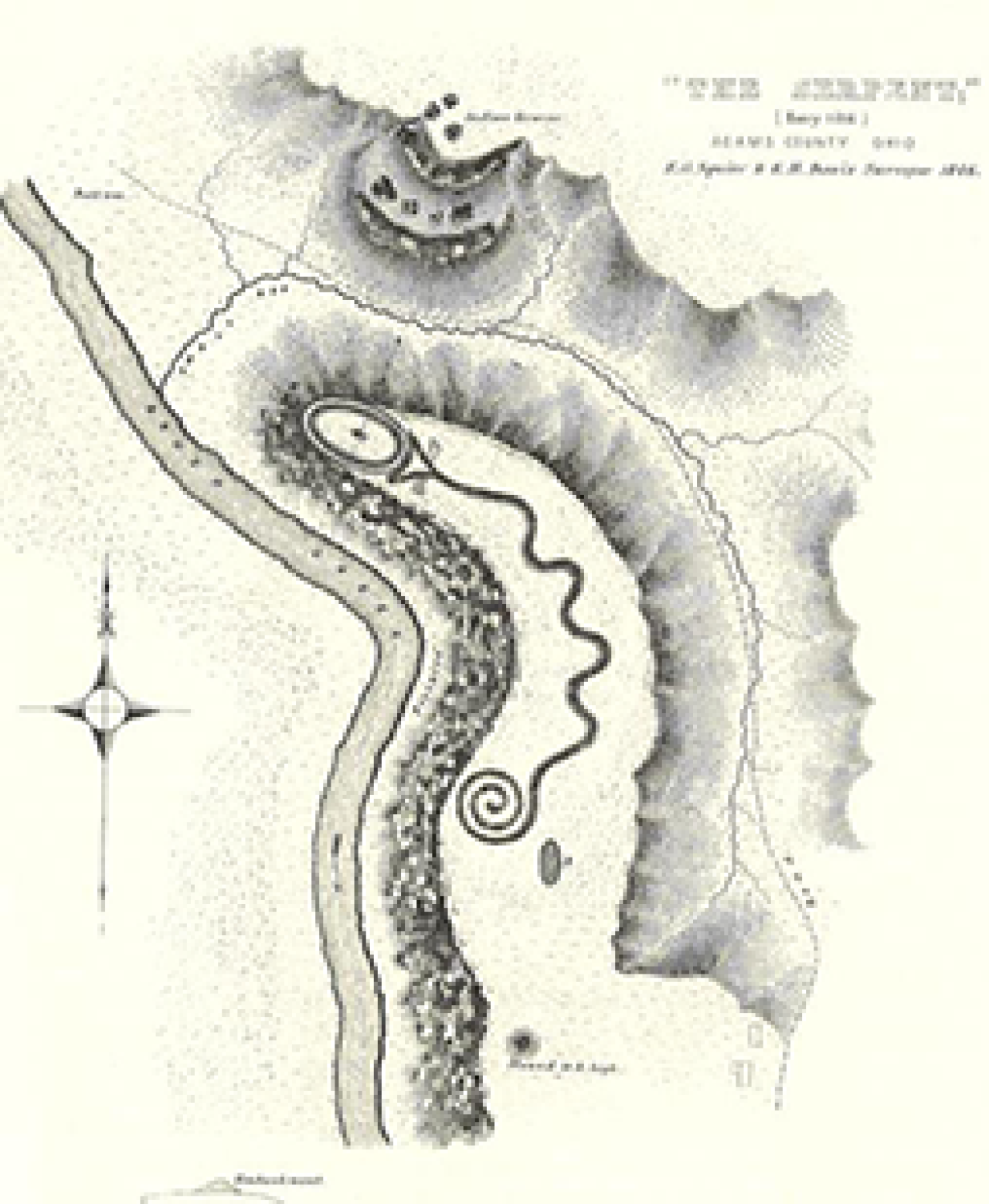 Aerial view of Serpent Mound, Adams County. Drawn in 1848 in the Smithsonian Institution's publication "Ancient Monuments of the Mississippi Valley ".