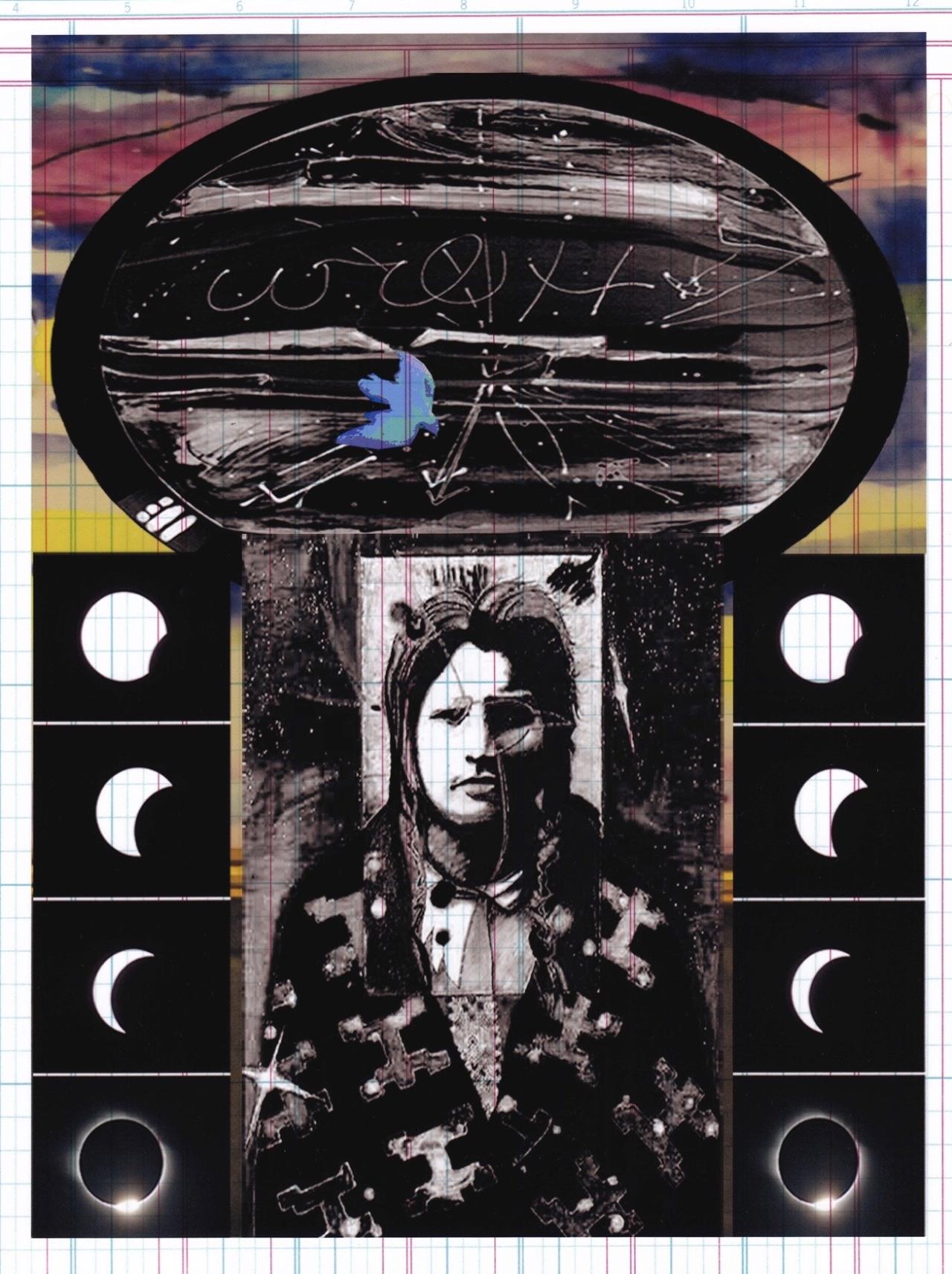 Multimedia mixed collage of stages of the moon and planets surrounding an American Indian wearing stellar regalia. Image courtesy of Gerry Lang, the artist.