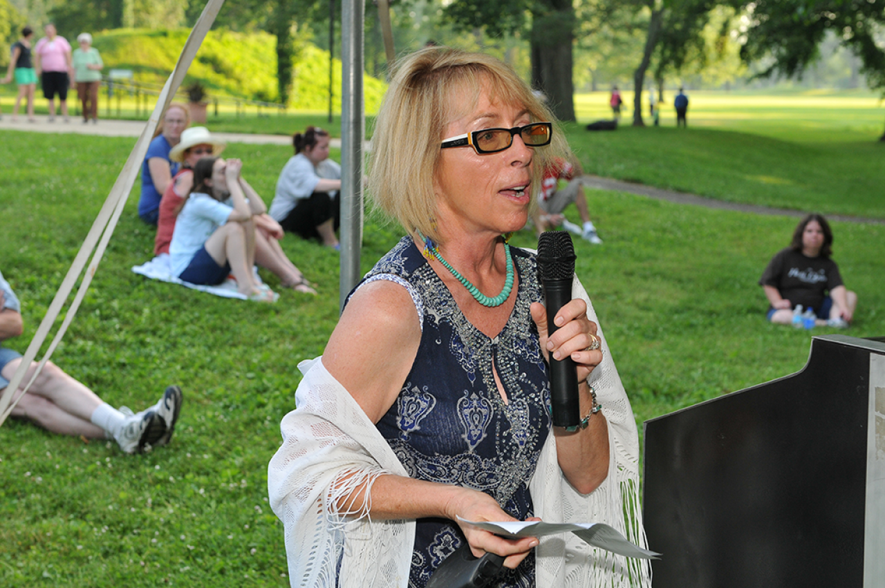 Dr. Christine Ballengee-Morris speaking at the World Heritage Celebration at the Great Circle earthworks, Health, Ohio. Image courtesy of Timothy E. Black.