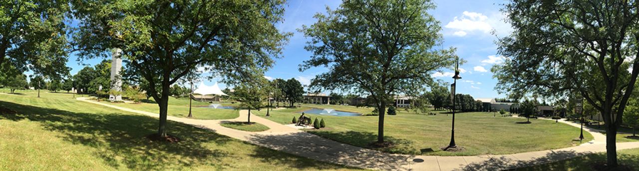 Panoramic view of the Newark Campus from the center green space. Image courtesy of The Ohio State University Newark. 