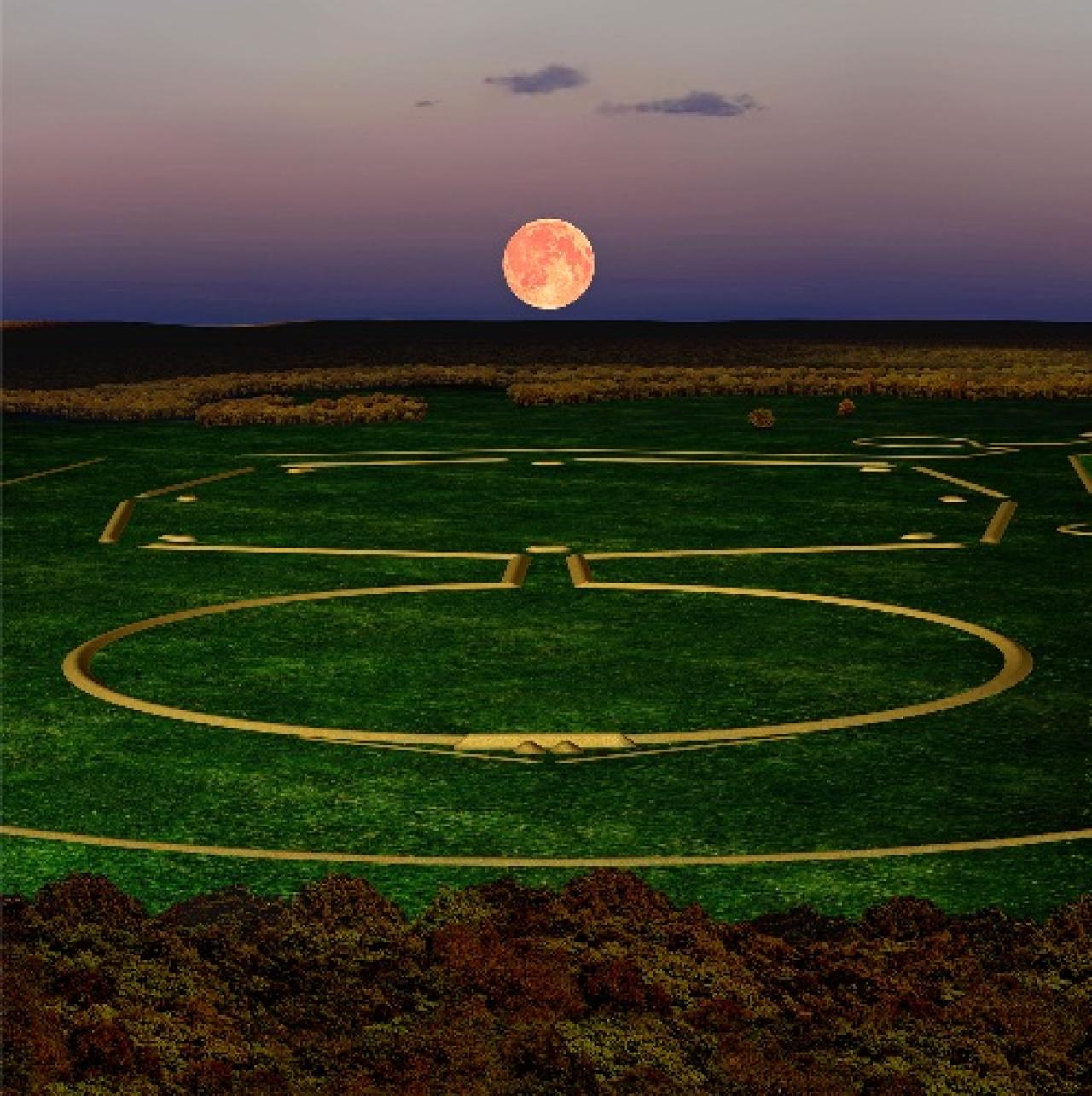 Simulated moonrise over the Newark Earthworks' observatory mound as it would have been 200 B.C. - 400 A.D. Image Courtesy of the Ancient Ohio Trail and CERHAS of the University of Cincinnati.