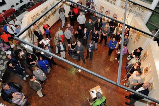 Aerial view of the Candi Wesaw exhibit in the LeFevre Art Gallery during the opening. Image courtesy of The Ohio State University.