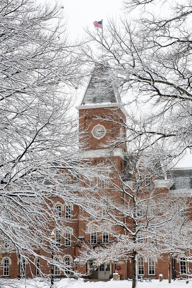 View of The Ohio State University with frosted trees. Image courtesy of The Ohio State University.