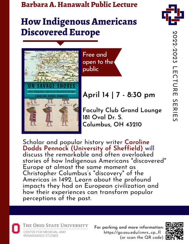 Flyer for the How Indigenous Americans Discovered Europe lecture on April 14, 2023, 7-8:30 p.m. Flyer text is to the left and below.