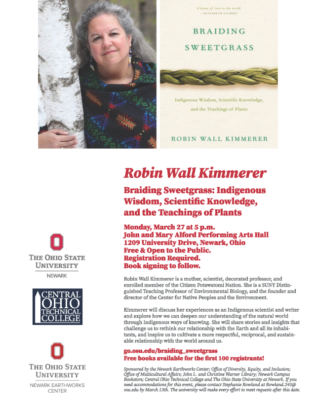 Flyer for Robin Wall Kimmerer March 27, 2023. Text to the left and below.