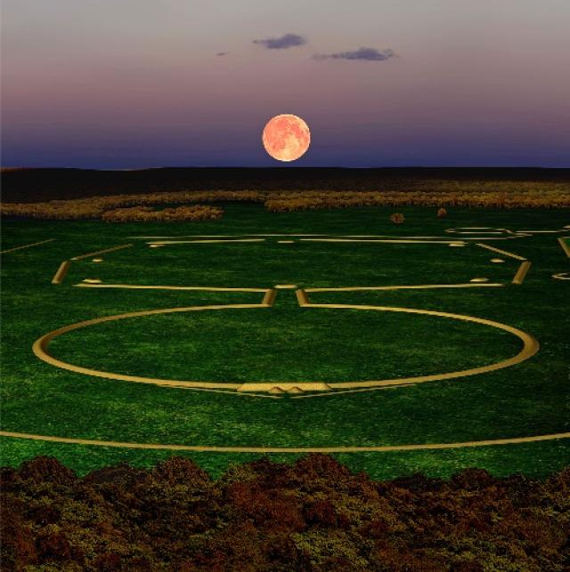 Simulated moonrise over the Newark Earthworks' observatory mound as it would have been 200 B.C. - 400 A.D. Image Courtesy of the Ancient Ohio Trail and CERHAS of the University of Cincinnati.