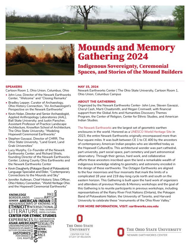 Mounds and Memory Gathering Flyer 2024. PDF available in the description below. Information is in the surrounding text.