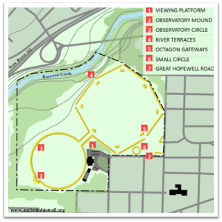 Map of the Octagon State Memorial with numbered points of interest. 1. Viewing platform, 2. Observatory mound, 3. Observatory circle, 4. River terraces, 5. Openings into the Octagon, 6. Small circular earthwork, 7. Great Hopewell Road earthworks. Image courtesy of The Ancient Ohio Trail.