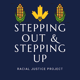 Stepping Out & Stepping Up Social Justice Project logo of two ears of corn centered around three heads of grain.