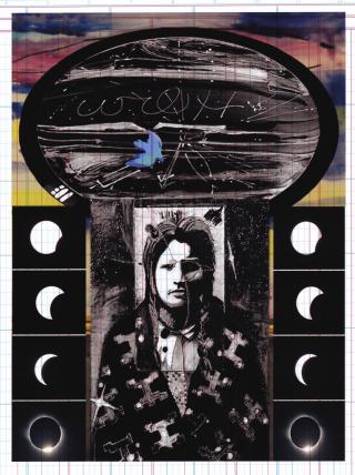 Multimedia mixed collage of stages of the moon and planets surrounding an American Indian wearing stellar regalia. Image courtesy of Gerry Lang, the artist.