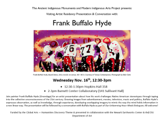 Flyer for Frank Buffalo Hyde's talk at Hopkins Hall and the Barnett Center. Text from the flyer is replicated to the left. Image courtesy of the artist.