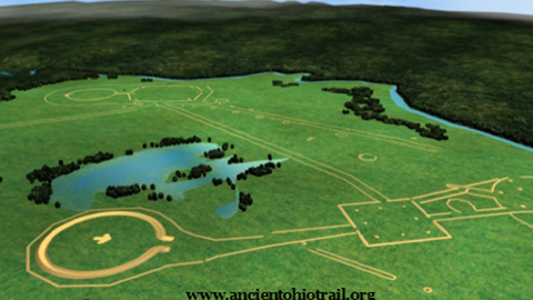 Simulated aerial view of the Newark Earthworks as they were 2,000 years ago. Image courtesy of the Ancient Ohio Trail. Image courtesy of the Ancient Ohio Trail.