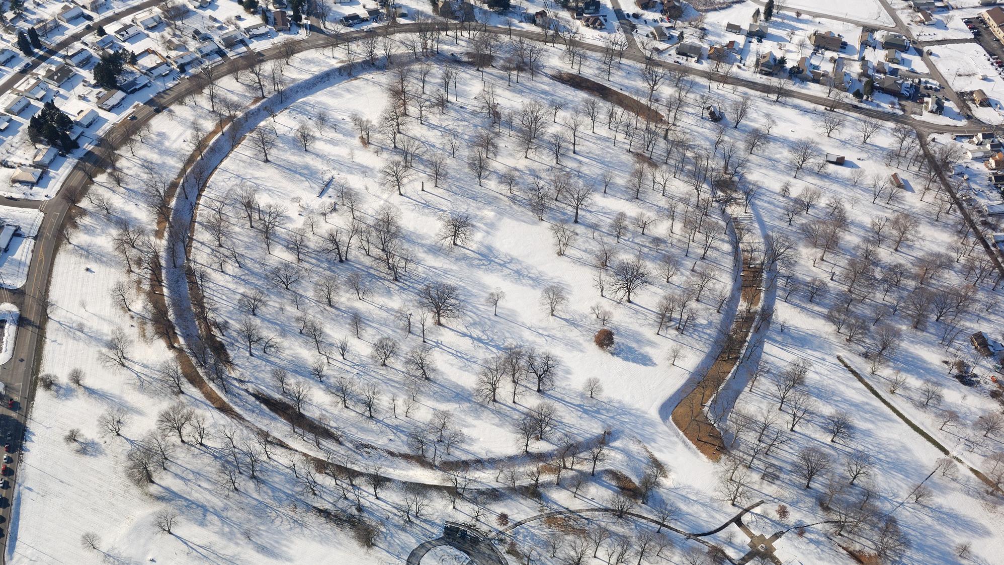 Aerial view of the Great Circle earthworks, part of the Newark Earthworks in winter. Image courtesy of Timothy E. Black.