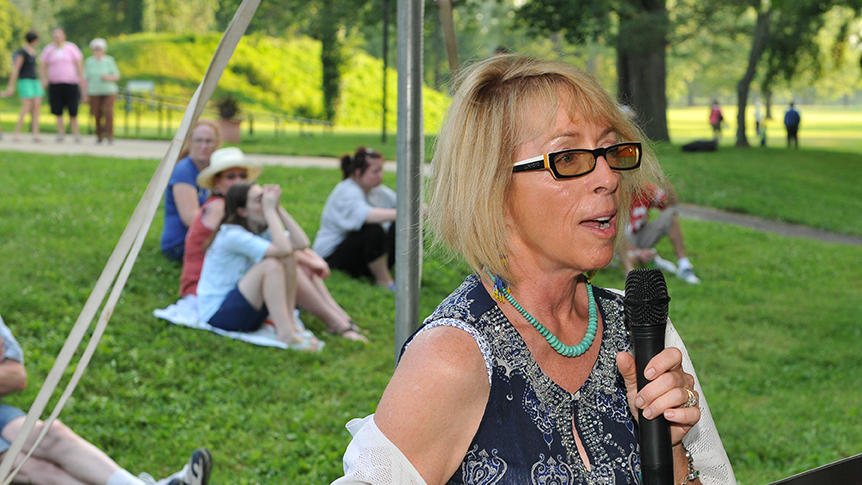Dr. Christine Ballengee-Morris speaking at the World Heritage Celebration at the Great Circle earthworks, Health, Ohio. Image courtesy of Timothy E. Black.