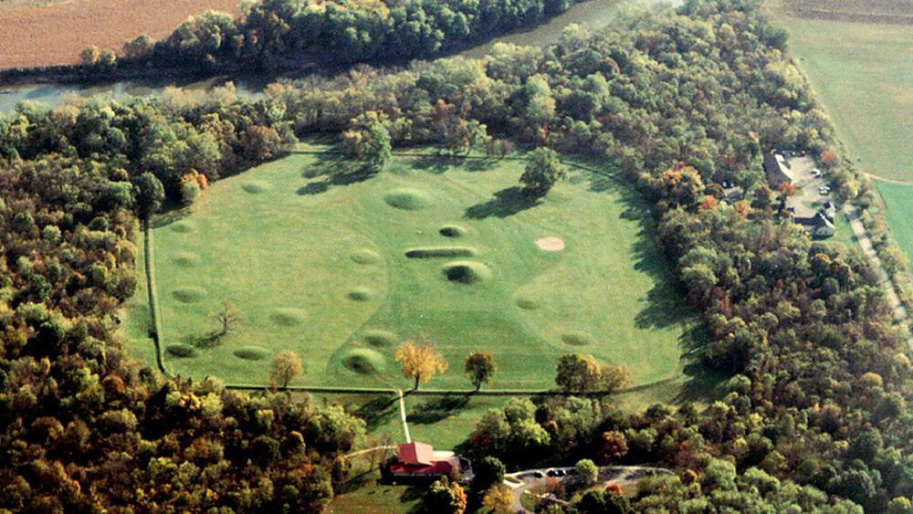 Aerial view of Mound City, part of the Hopewell Culture National Historical Park, Chillicothe Ohio. National Park Service, John Blank.