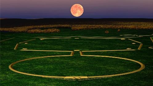 Simulated moonrise over the Newark Earthworks' observatory mound as it would have been 200 B.C. - 400 A.D. Image Courtesy of the Ancient Ohio Trail and CERHAS of the University of Cincinnati.