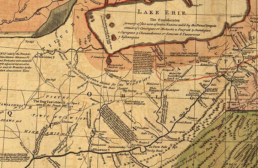 Cropped image of a historical map of the Midwest centered on land which become Ohio.