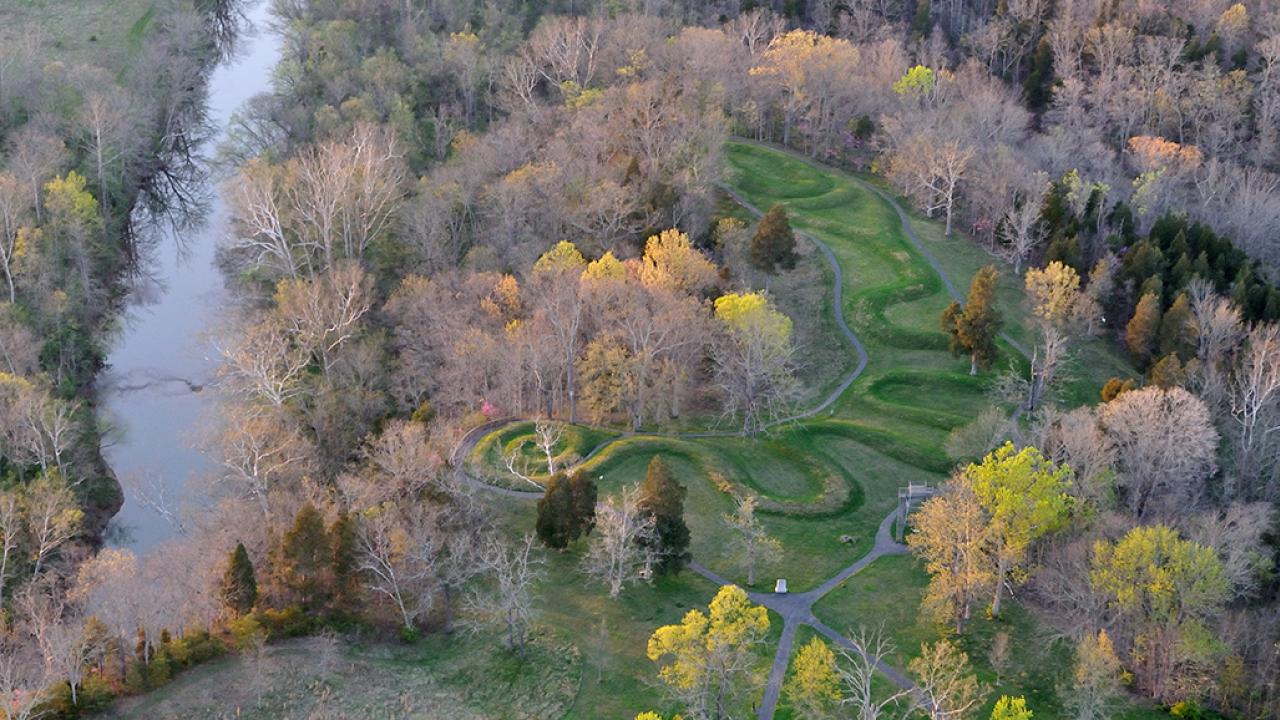 Aerial view of Serpent Mound, Adams County. Image courtesy of Timothy E. Black.