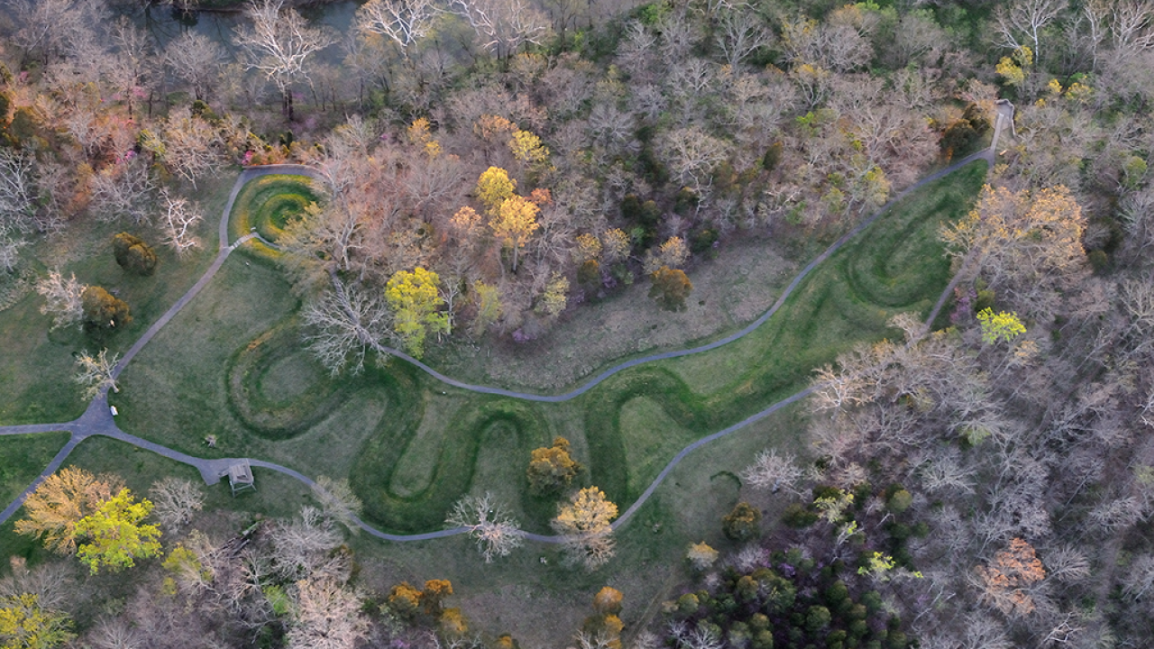 Aerial view of Serpent Mound, Adams County. Image courtesy of Timothy E. Black.