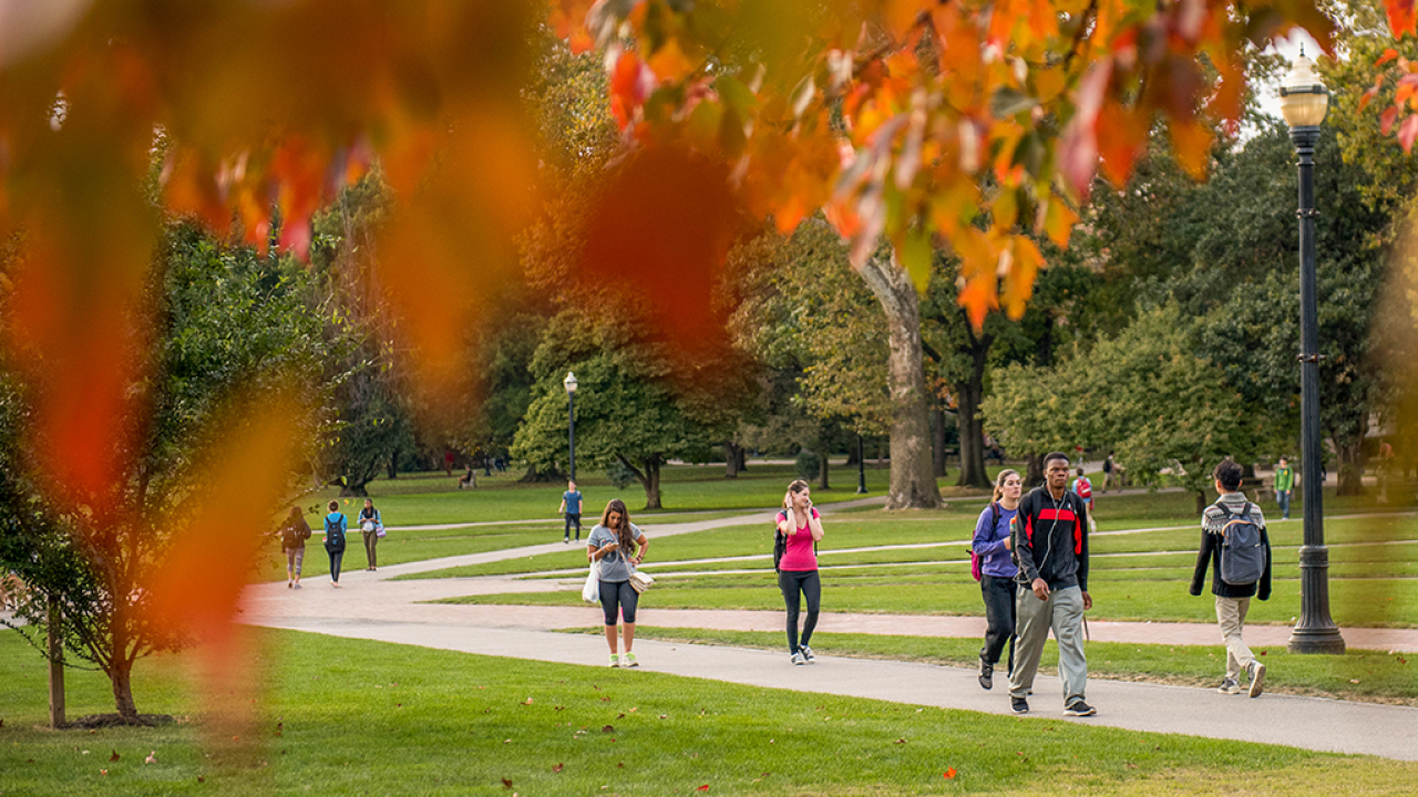 Students walking to class as trees change color on the Oval, The Ohio State University. Image courtesy of The Ohio State University