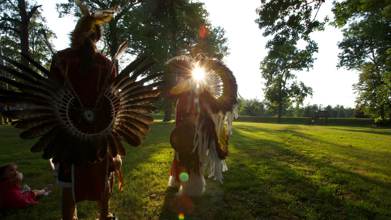 Eastern Shawnee Tribe of Oklahoma members in regalia at the Great Circle earthworks, part of the Newark Earthworks at the World Heritage Celebration. Image courtesy of David Bernstein.