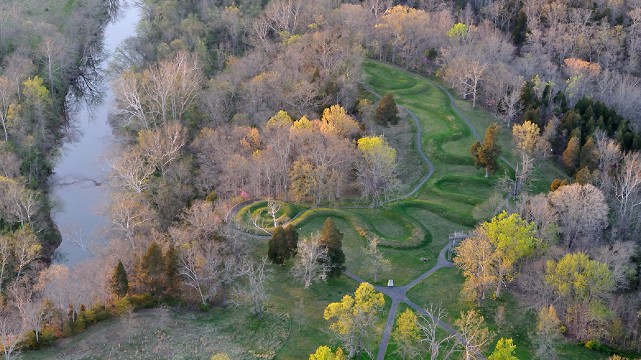 Aerial view of the Serpent Mound, Adams County Ohio. Image courtesy of Timothy E. Black.