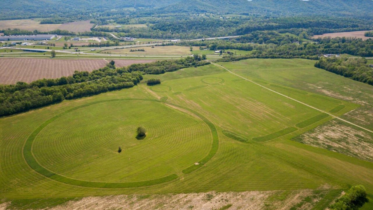 Aerial view of the Hopeton Earthworks, part of the Hopewell Culture National Historical Park, Chillicothe Ohio. First Capital Aerial Media, Tim Anderson Jr.