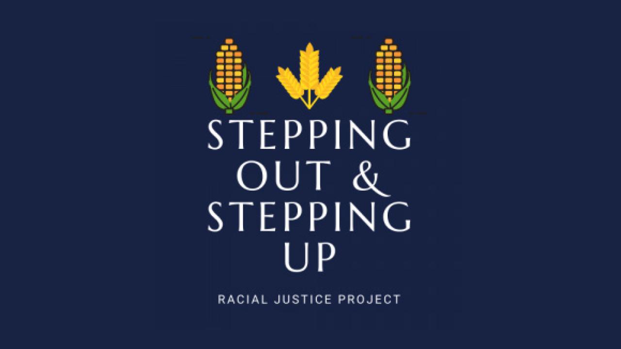 Logo for Setting Out and Stepping Up with corn on blue background