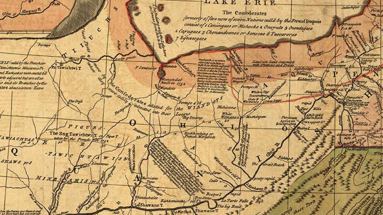 Cropped image of a historical map of the Midwest centered on land which become Ohio.
